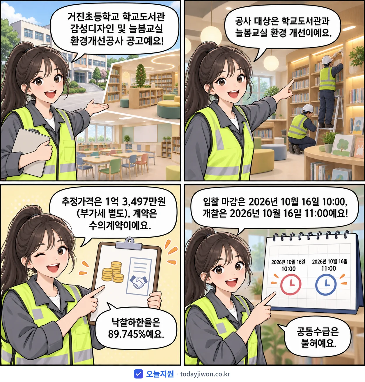4컷 만화로 보는 공고: 강원특별자치도교육청 강원특별자치도고성교육지원청 거진초등학교 '거진초등학교 학교도서관 감성디자인 및 늘봄교실 환경개선공사', 추정가격 1억 3,497만원, 입찰 마감 10/16 10:00