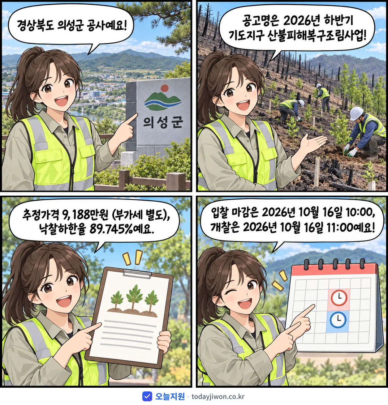 4컷 만화로 보는 공고: 경상북도 의성군 '하반기 기도지구 산불피해복구조림사업', 추정가격 9,188만원, 입찰 마감 10/16 10:00