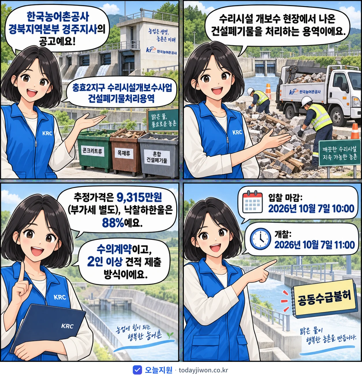 4컷 만화로 보는 공고: 한국농어촌공사 경북지역본부 경주지사 '충효2지구 수리시설개보수사업 건설폐기물처리용역', 추정가격 9,315만원, 입찰 마감 10/7 10:00