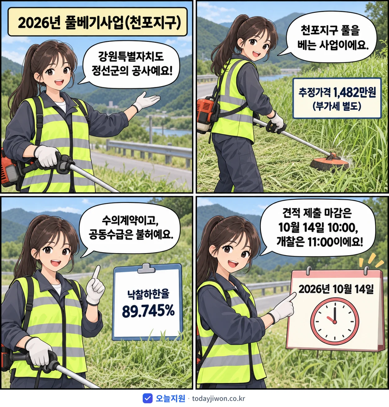 4컷 만화로 보는 공고: 강원특별자치도 정선군 '풀베기사업(천포지구)', 추정가격 1,482만원, 입찰 마감 10/14 10:00