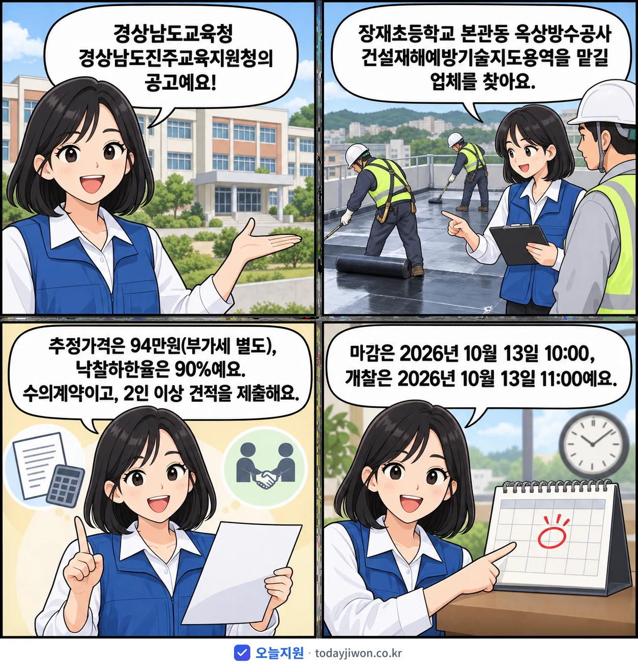 4컷 만화로 보는 공고: 경상남도교육청 경상남도진주교육지원청 '장재초등학교 본관동 옥상방수공사 건설재해예방기술지도용역 수의계약 안내…', 추정가격 94만원, 입찰 마감 10/13 10:00