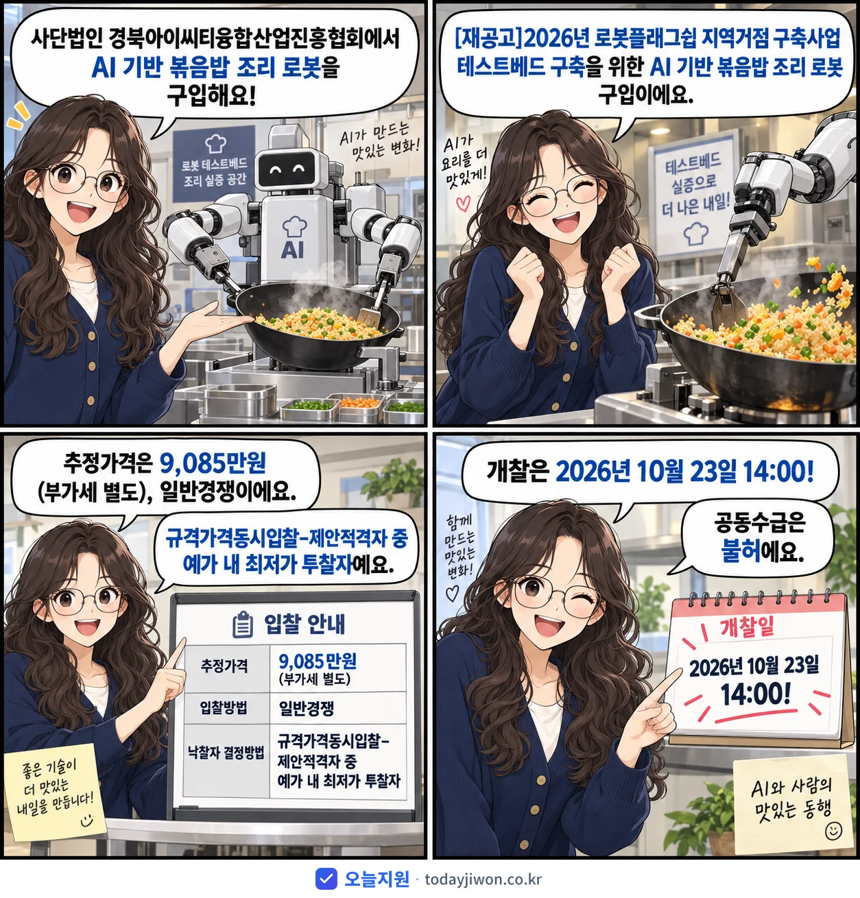 4컷 만화로 보는 공고: 사단법인 경북아이씨티융합산업진흥협회 '로봇플래그쉽 지역거점 구축사업 테스트베드 구축을 위한 AI 기반 볶음밥…', 추정가격 9,085만원
