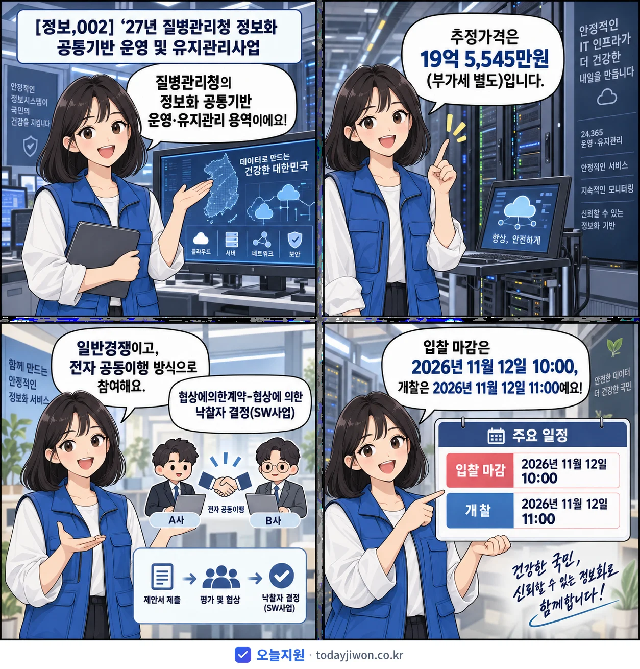 4컷 만화로 보는 공고: 질병관리청 '‘27년 질병관리청 정보화 공통기반 운영 및 유지관리사업', 추정가격 19억 5,545만원, 입찰 마감 11/12 10:00