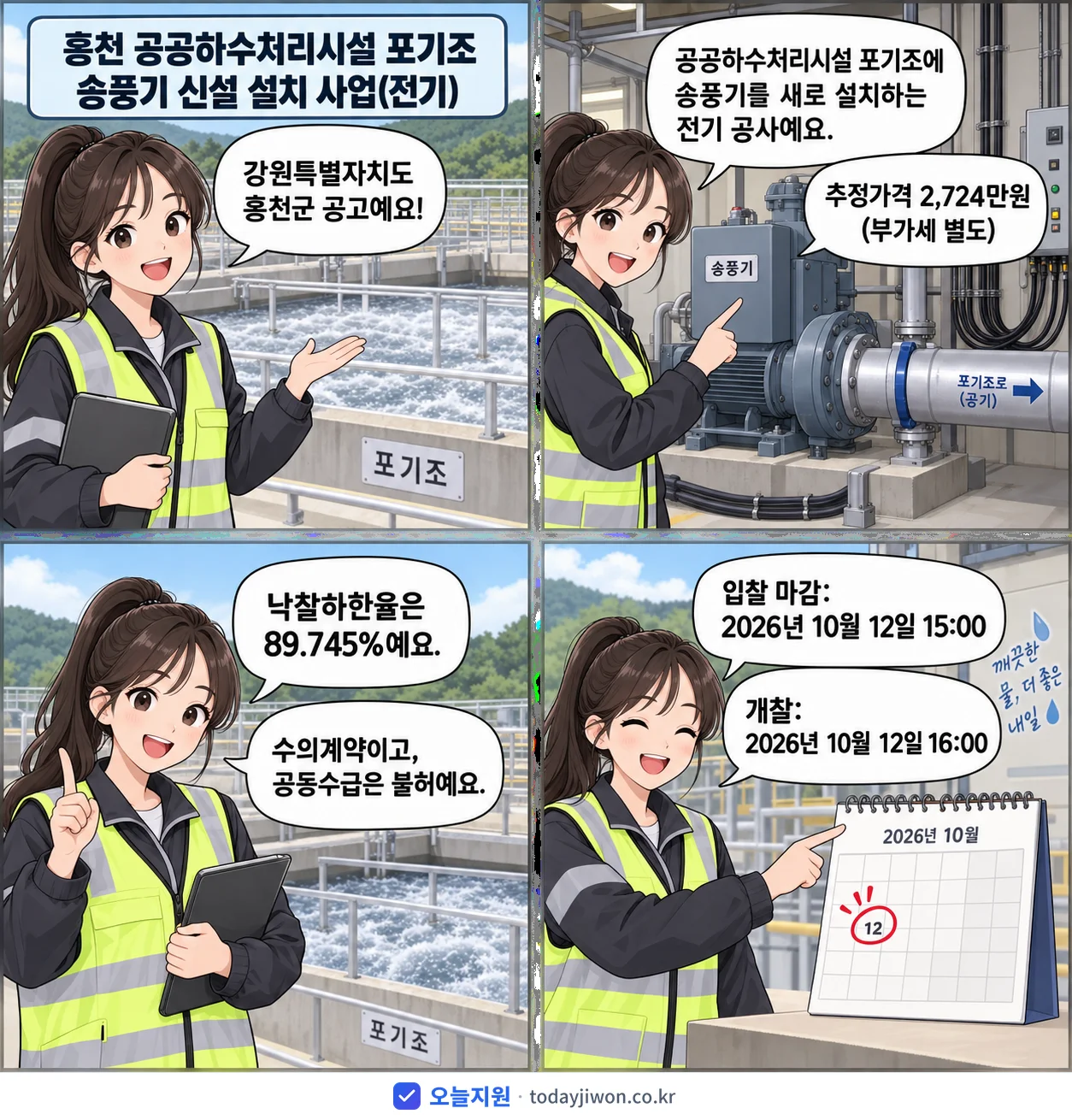 4컷 만화로 보는 공고: 강원특별자치도 홍천군 '홍천 공공하수처리시설 포기조 송풍기 신설 설치 사업(전기)', 추정가격 2,724만원, 입찰 마감 10/12 15:00