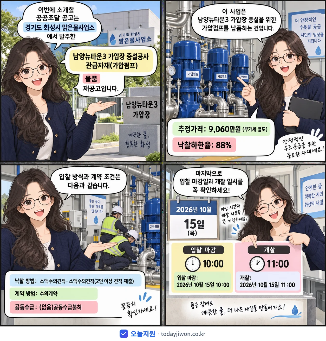 4컷 만화로 보는 공고: 경기도 화성시 맑은물사업소 '남양뉴타운3 가압장 증설공사 관급자재(가압펌프)', 추정가격 9,060만원, 입찰 마감 10/15 10:00
