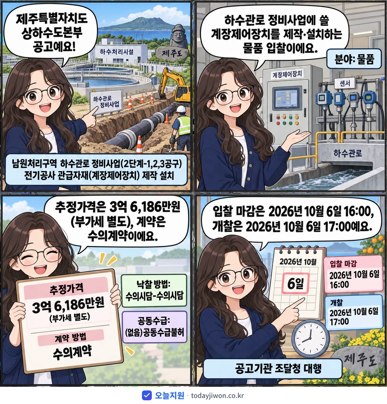 4컷 만화로 보는 공고: 제주특별자치도 상하수도본부 '남원처리구역 하수관로 정비사업(2단계-1,2,3공구) 전기공사 관급자재…', 추정가격 3억 6,186만원, 입찰 마감 10/6 16:00