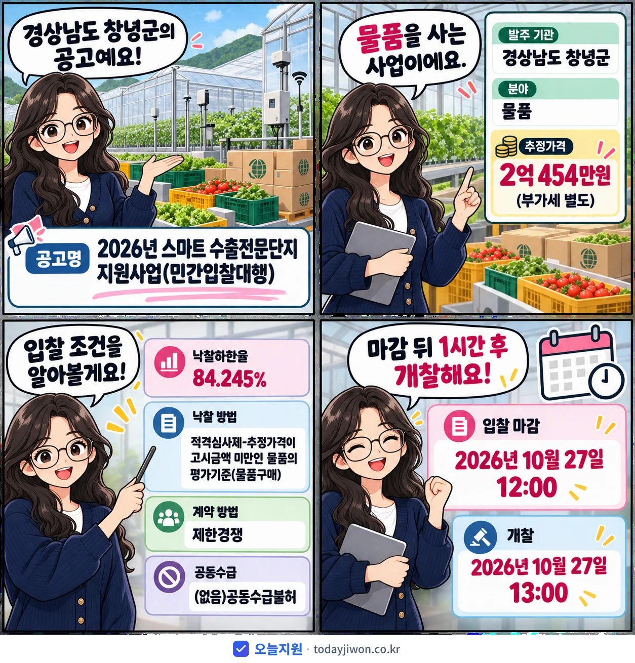 4컷 만화로 보는 공고: 경상남도 창녕군 '스마트 수출전문단지 지원사업(민간입찰대행)', 추정가격 2억 454만원, 입찰 마감 10/27 12:00