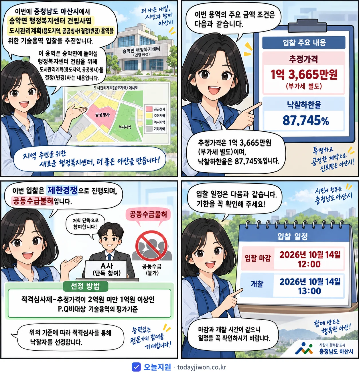 4컷 만화로 보는 공고: 충청남도 아산시 '송악면 행정복지센터 건립사업 도시관리계획(용도지역, 공공청사) 결정 용역', 추정가격 1억 3,665만원, 입찰 마감 10/14 12:00