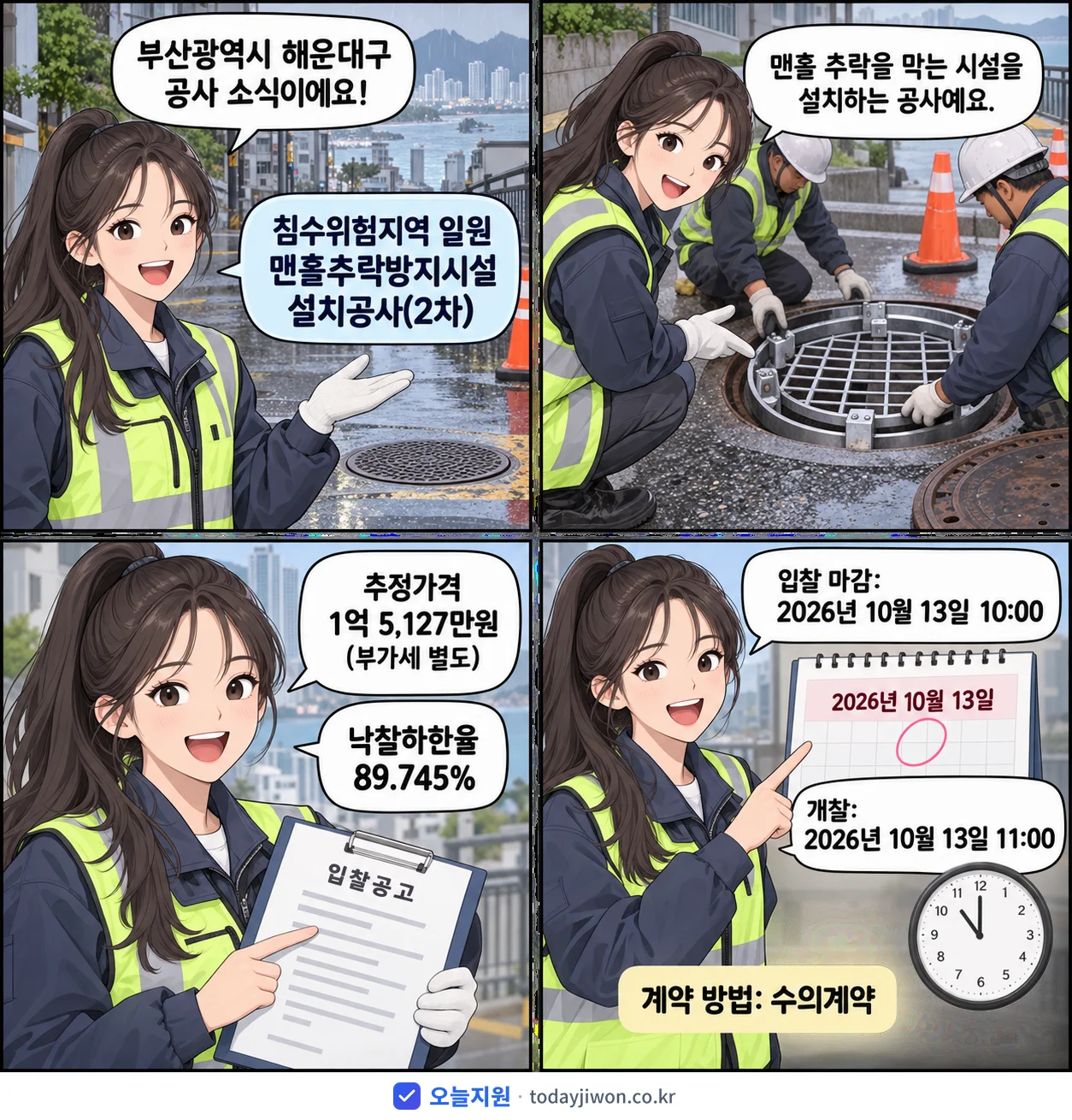 4컷 만화로 보는 공고: 부산광역시 해운대구 '침수위험지역 일원 맨홀추락방지시설 설치공사(2차)', 추정가격 1억 5,127만원, 입찰 마감 10/13 10:00