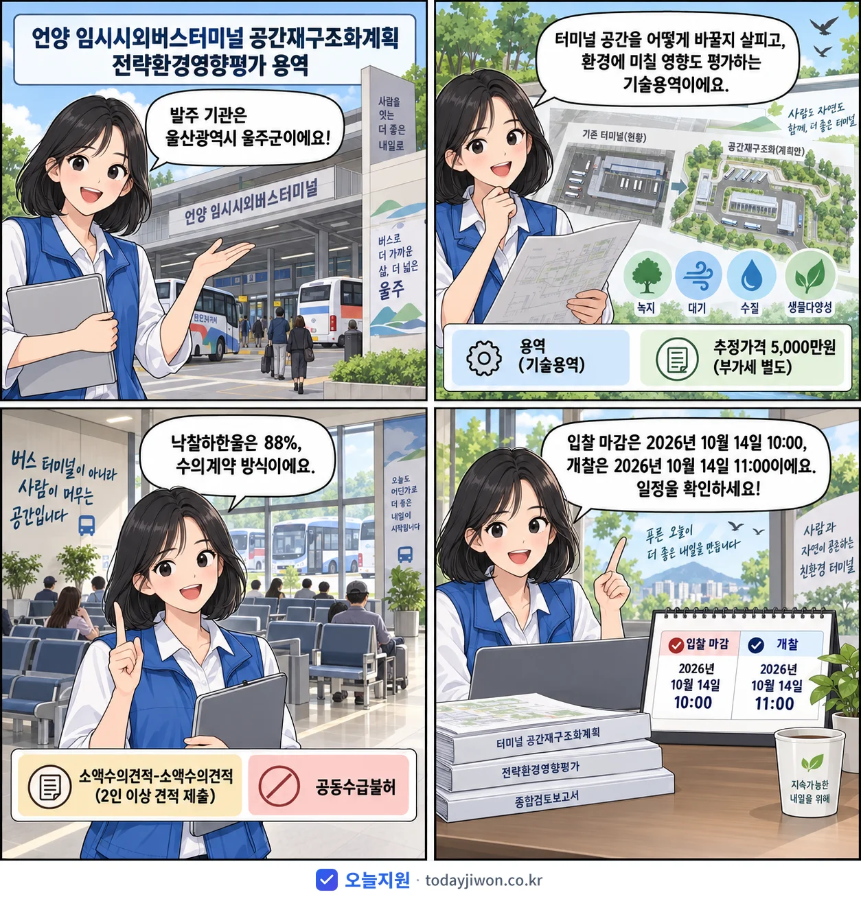 4컷 만화로 보는 공고: 울산광역시 울주군 '언양 임시시외버스터미널 공간재구조화계획 전략환경영향평가 용역', 추정가격 5,000만원, 입찰 마감 10/14 10:00