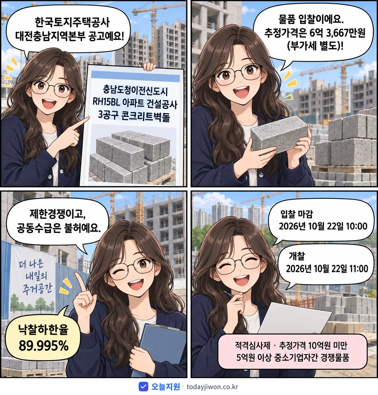 4컷 만화로 보는 공고: 한국토지주택공사 대전충남지역본부 '충남도청이전신도시 RH15BL 아파트 건설공사 3공구 콘크리트벽돌', 추정가격 6억 3,667만원, 입찰 마감 10/22 10:00