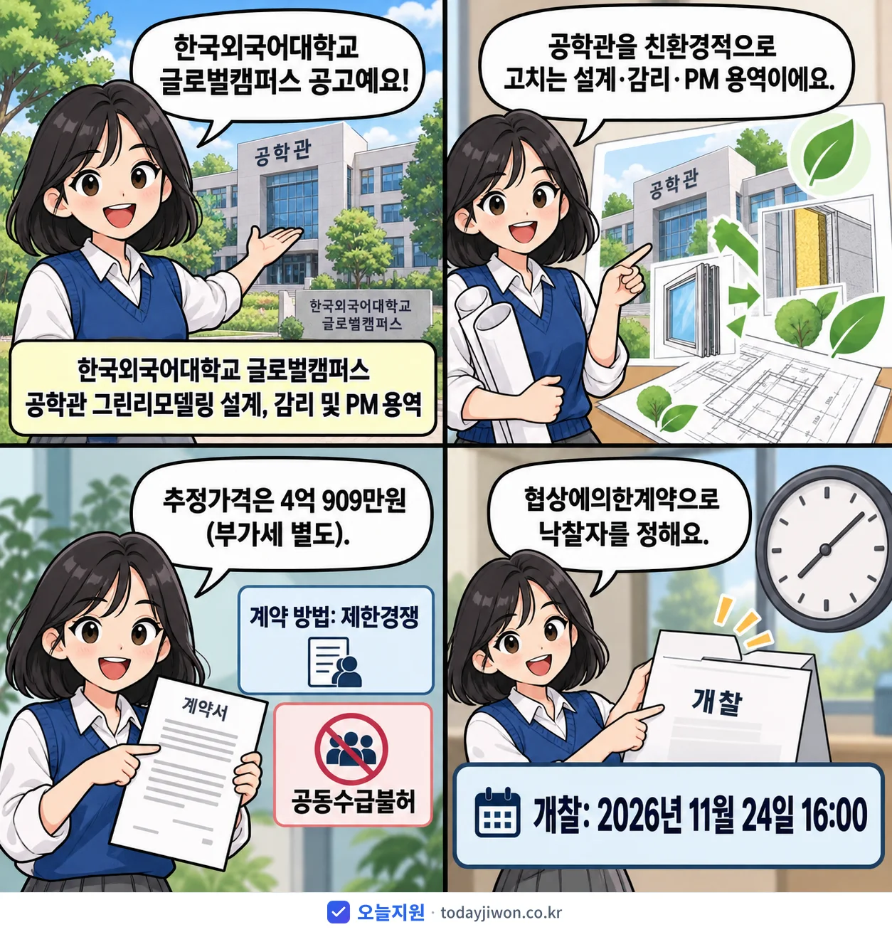 4컷 만화로 보는 공고: 한국외국어대학교 글로벌캠퍼스 '한국외국어대학교 글로벌캠퍼스 공학관 그린리모델링 설계, 감리 및 PM…', 추정가격 4억 909만원