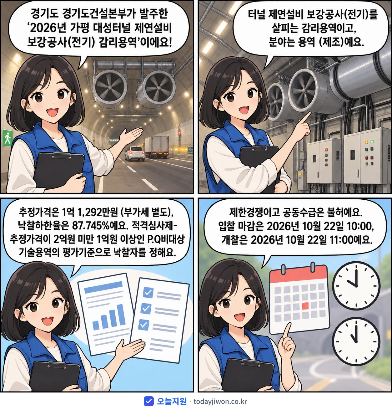 4컷 만화로 보는 공고: 경기도 경기도건설본부 '가평 대성터널 제연설비 보강공사(전기) 감리용역', 추정가격 1억 1,292만원, 입찰 마감 10/22 10:00