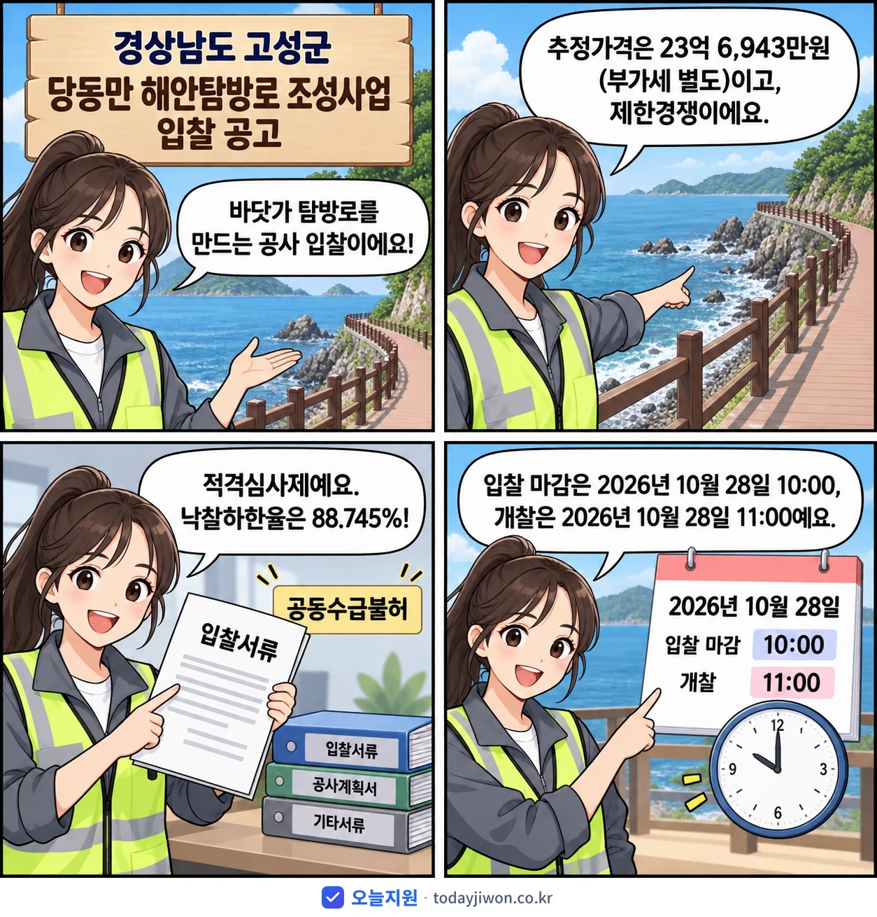 4컷 만화로 보는 공고: 경상남도 고성군 '당동만 해안탐방로 조성사업 입찰 공고', 추정가격 23억 6,943만원, 입찰 마감 10/28 10:00