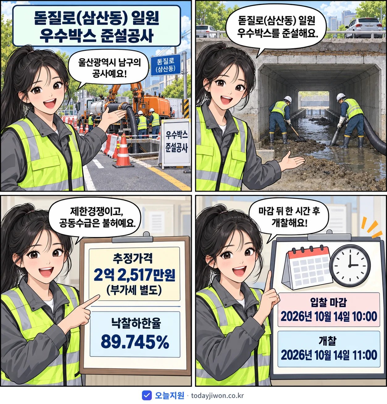 4컷 만화로 보는 공고: 울산광역시 남구 '돋질로(삼산동) 일원 우수박스 준설공사', 추정가격 2억 2,517만원, 입찰 마감 10/14 10:00