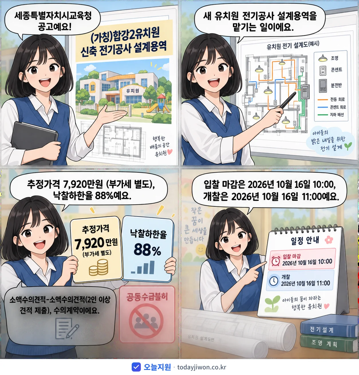 4컷 만화로 보는 공고: 세종특별자치시교육청 '(가칭)합강2유치원 신축 전기공사 설계용역', 추정가격 7,920만원, 입찰 마감 10/16 10:00