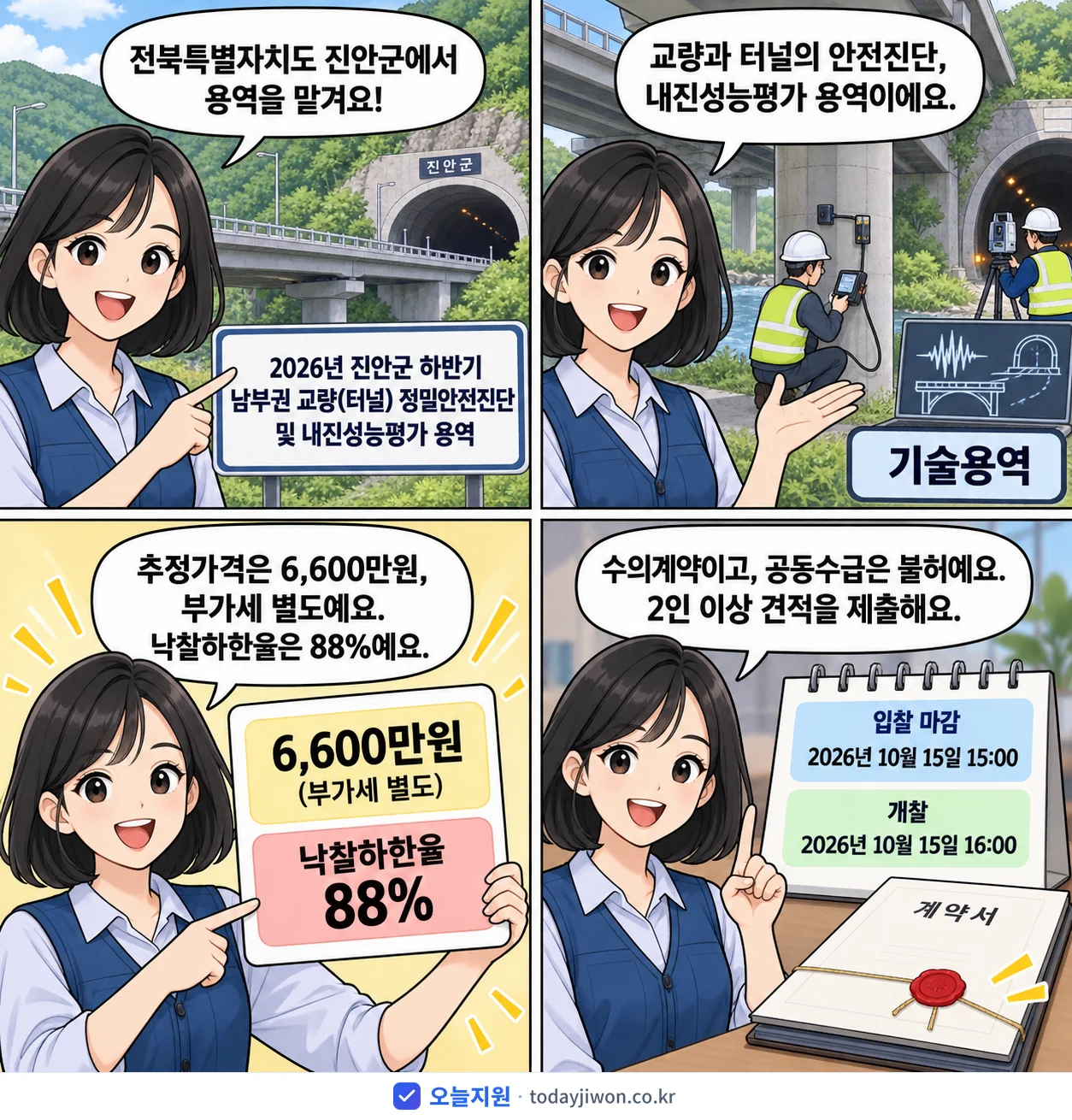 4컷 만화로 보는 공고: 전북특별자치도 진안군 '진안군 하반기 남부권 교량(터널) 정밀안전진단 및 내진성능평가 용역', 추정가격 6,600만원, 입찰 마감 10/15 15:00