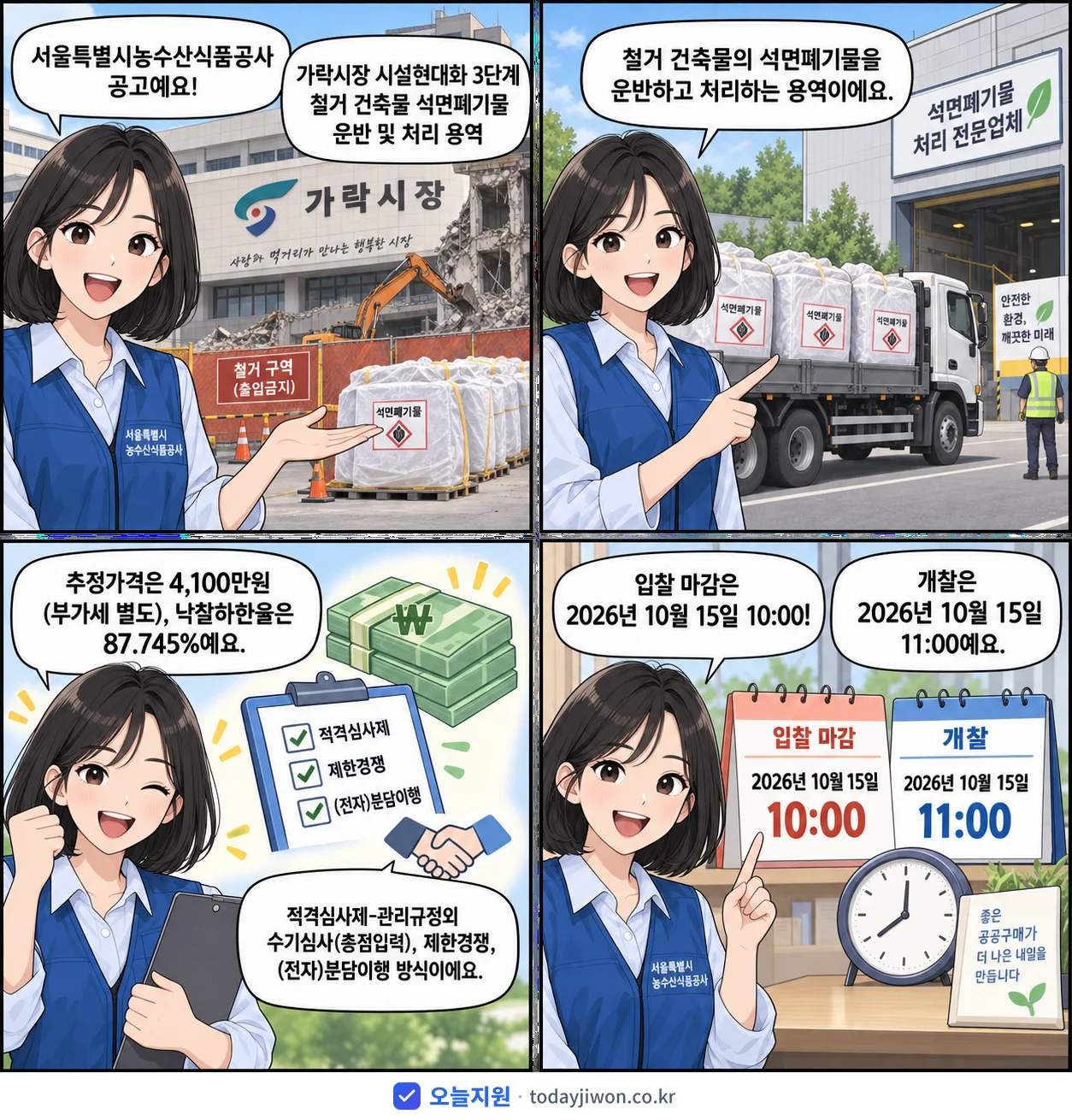 4컷 만화로 보는 공고: 서울특별시농수산식품공사 '가락시장 시설현대화 3단계 철거 건축물 석면폐기물 운반 및 처리 용역', 추정가격 4,100만원, 입찰 마감 10/15 10:00