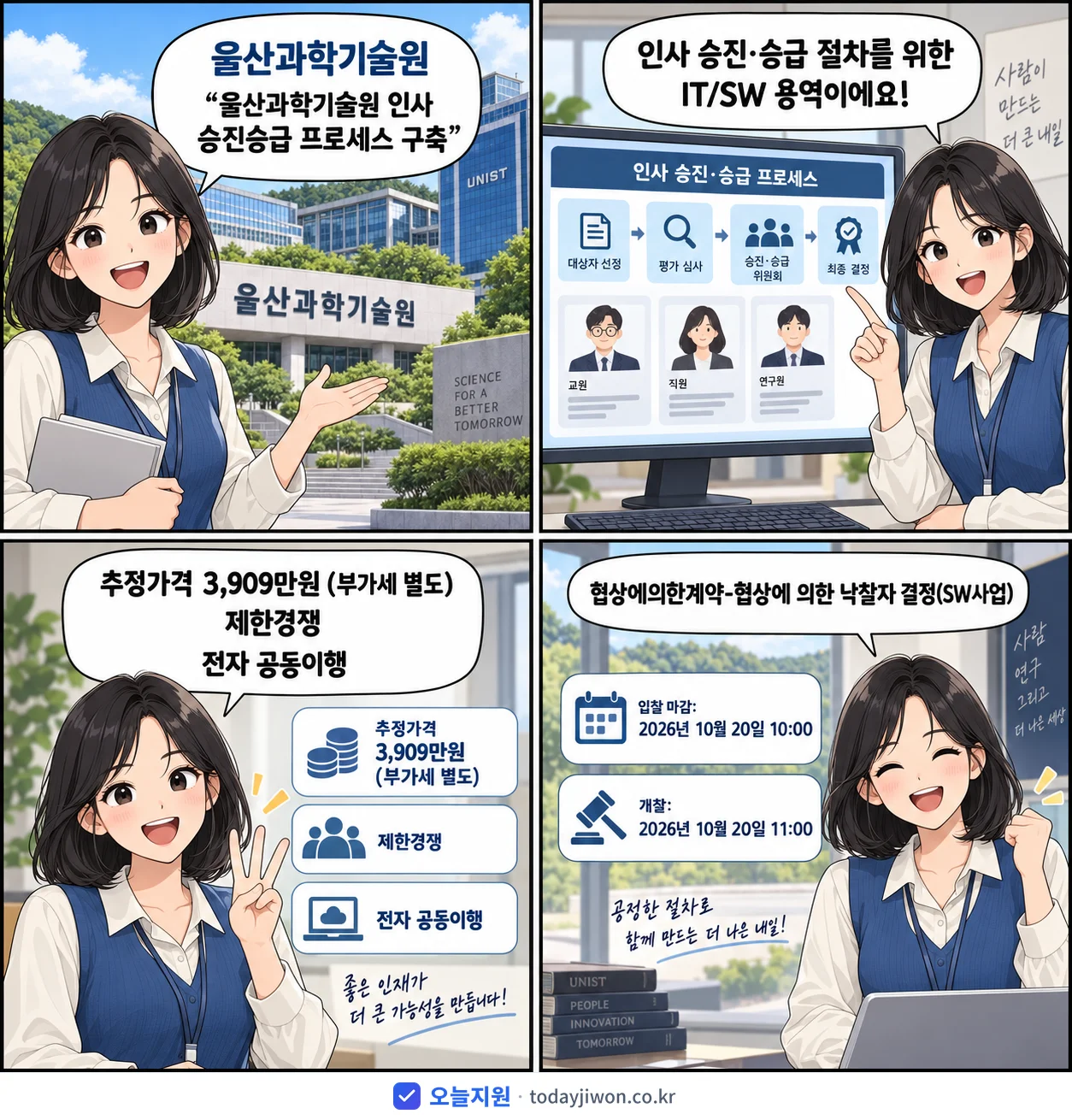 4컷 만화로 보는 공고: 울산과학기술원 '울산과학기술원 인사 승진승급 프로세스 구축', 추정가격 3,909만원, 입찰 마감 10/20 10:00