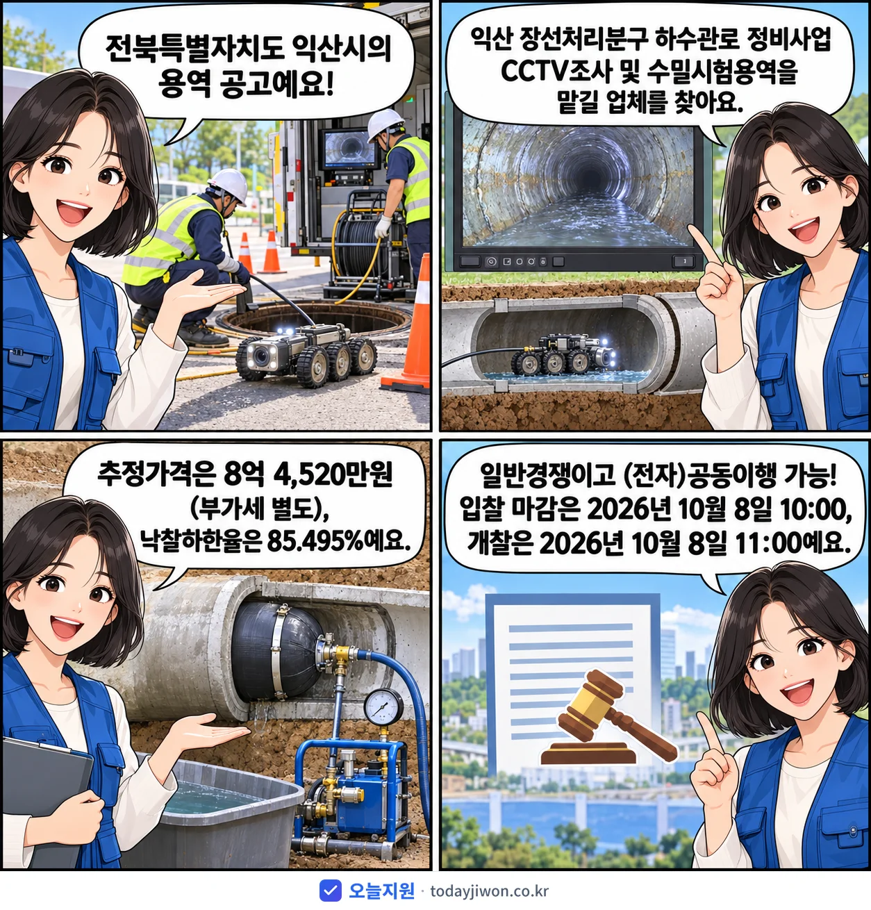 4컷 만화로 보는 공고: 전북특별자치도 익산시 '익산 장선처리분구 하수관로 정비사업 CCTV조사 및 수밀시험용역', 추정가격 8억 4,520만원, 입찰 마감 10/8 10:00