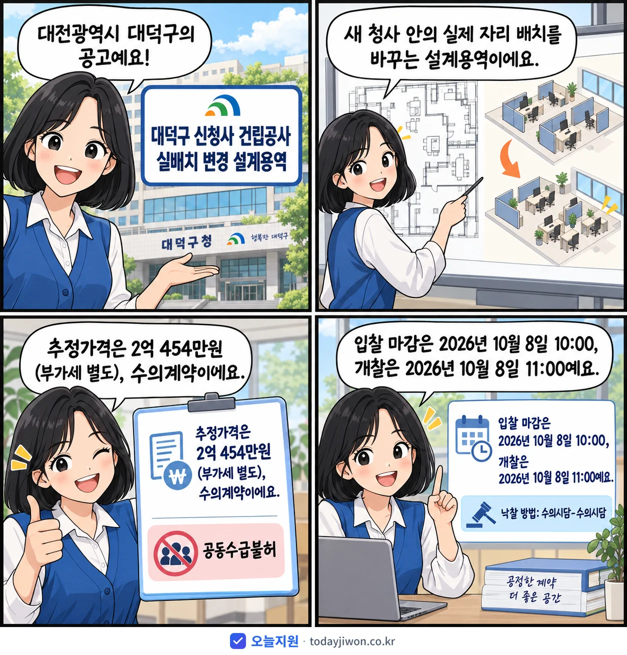 4컷 만화로 보는 공고: 대전광역시 대덕구 '대덕구 신청사 건립공사 실배치 변경 설계용역', 추정가격 2억 454만원, 입찰 마감 10/8 10:00