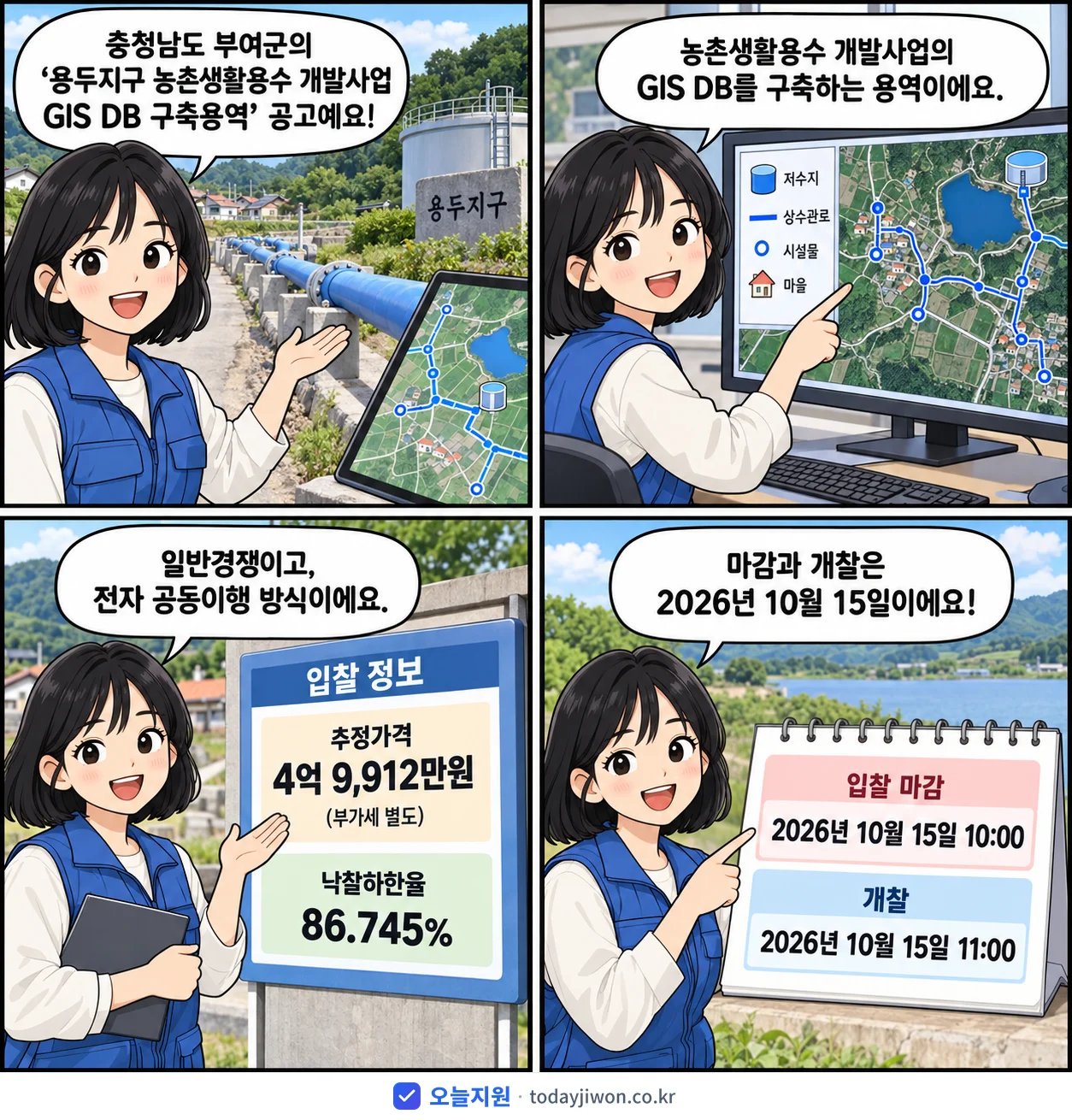4컷 만화로 보는 공고: 충청남도 부여군 '용두지구 농촌생활용수 개발사업 GIS DB 구축용역', 추정가격 4억 9,912만원, 입찰 마감 10/15 10:00