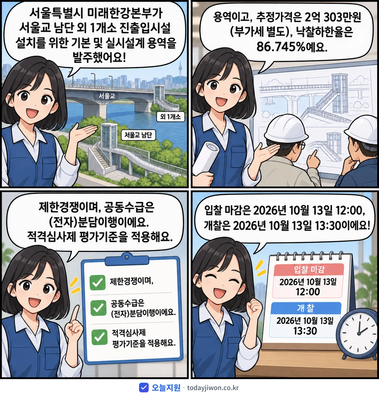 4컷 만화로 보는 공고: 서울특별시 미래한강본부 '서울교 남단 외 1개소 진출입시설 설치 기본 및 실시설계 용역', 추정가격 2억 303만원, 입찰 마감 10/13 12:00