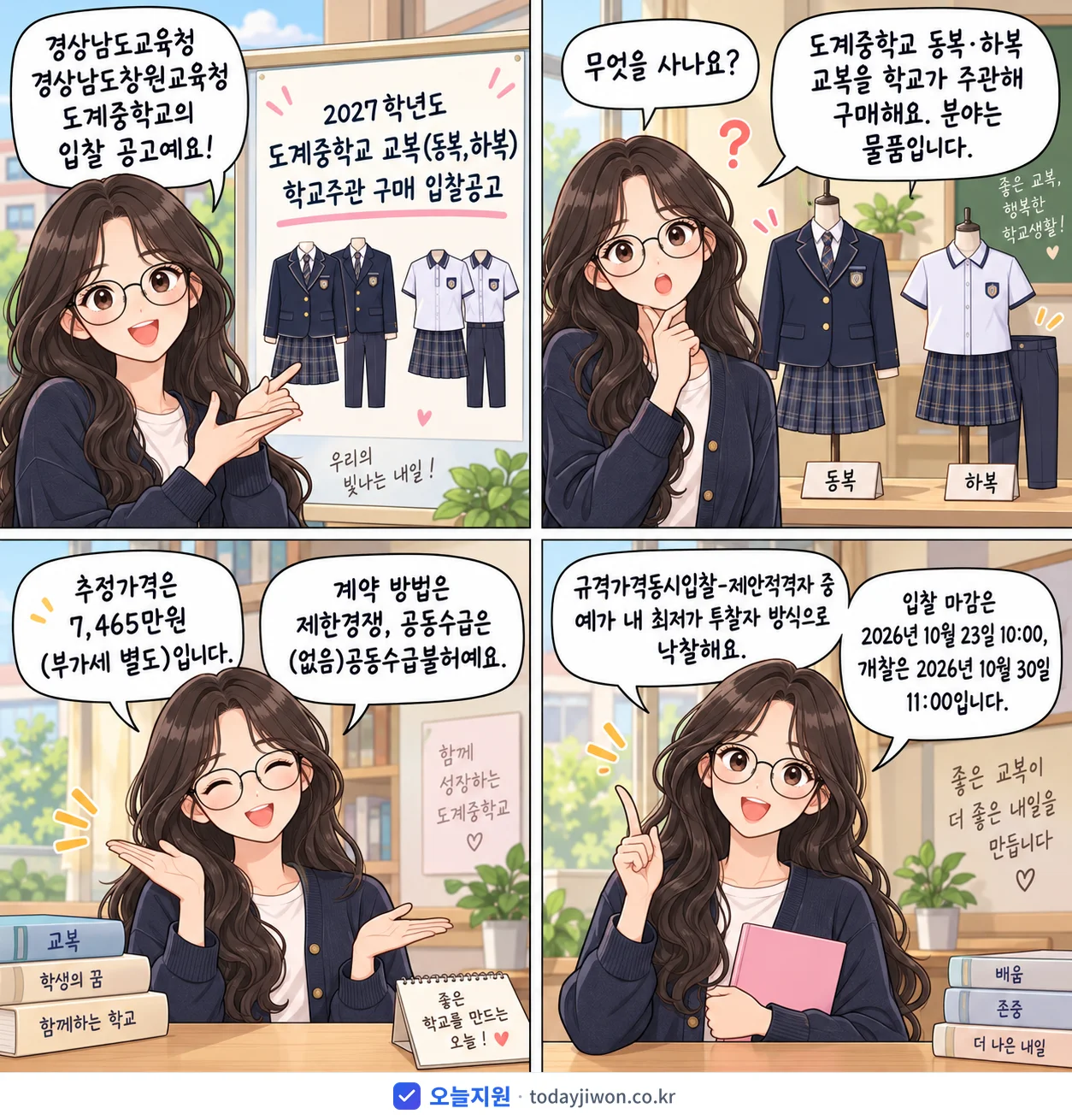 4컷 만화로 보는 공고: 경상남도교육청 경상남도창원교육청 도계중학교 '학년도 도계중학교 교복(동복,하복) 학교주관 구매 입찰공고', 추정가격 7,465만원, 입찰 마감 10/23 10:00
