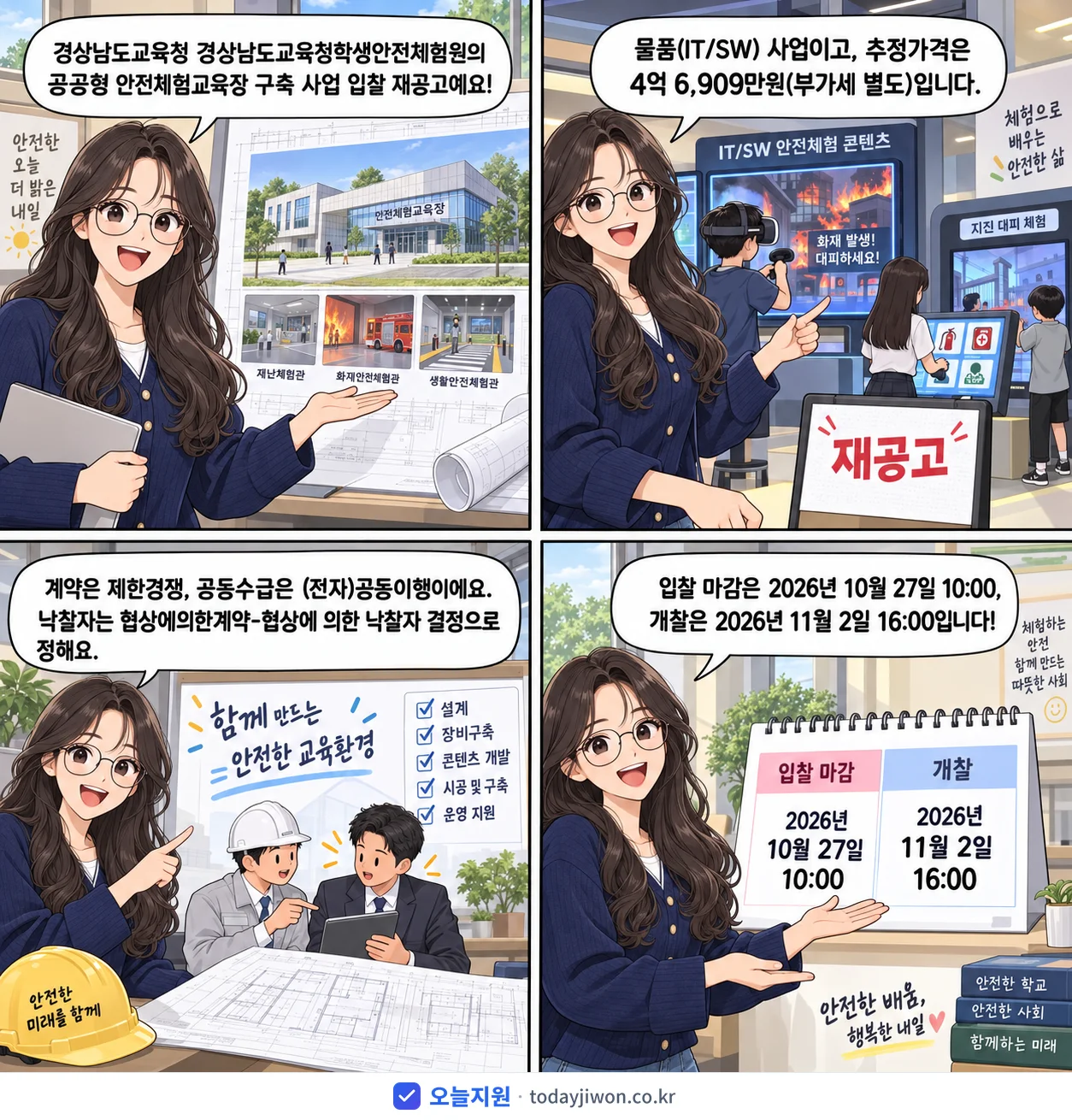 4컷 만화로 보는 공고: 경상남도교육청 경상남도교육청학생안전체험원 '경상남도교육청 학생안전체험원 공공형 안전체험교육장 구축 사업 입찰 재공고', 추정가격 4억 6,909만원, 입찰 마감 10/27 10:00
