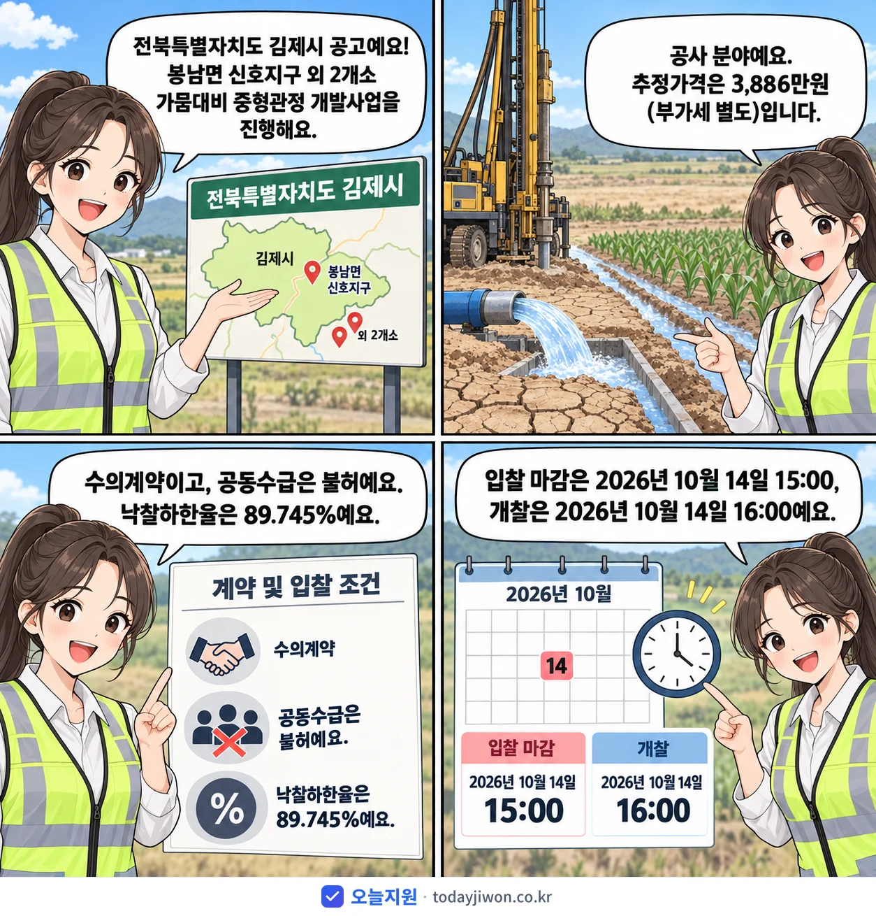 4컷 만화로 보는 공고: 전북특별자치도 김제시 '봉남면 신호지구 외 2개소 가뭄대비 중형관정 개발사업', 추정가격 3,886만원, 입찰 마감 10/14 15:00