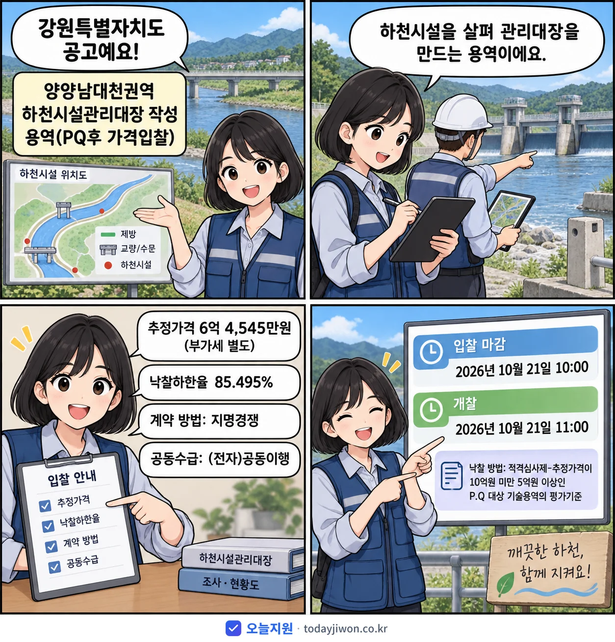 4컷 만화로 보는 공고: 강원특별자치도 '양양남대천권역 하천시설관리대장 작성 용역(PQ후 가격입찰)', 추정가격 6억 4,545만원, 입찰 마감 10/21 10:00