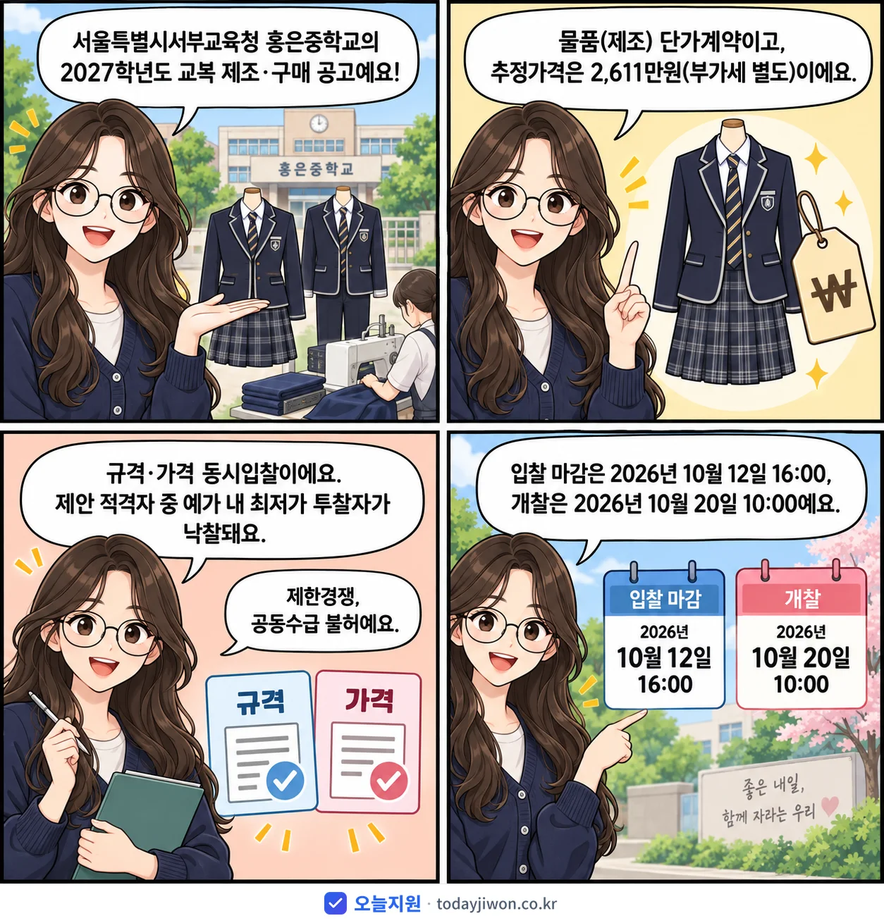 4컷 만화로 보는 공고: 서울특별시서부교육청 홍은중학교 '학년도 홍은중학교 교복 제조.구매 단가계약 전자입찰 재공고', 추정가격 2,611만원, 입찰 마감 10/12 16:00