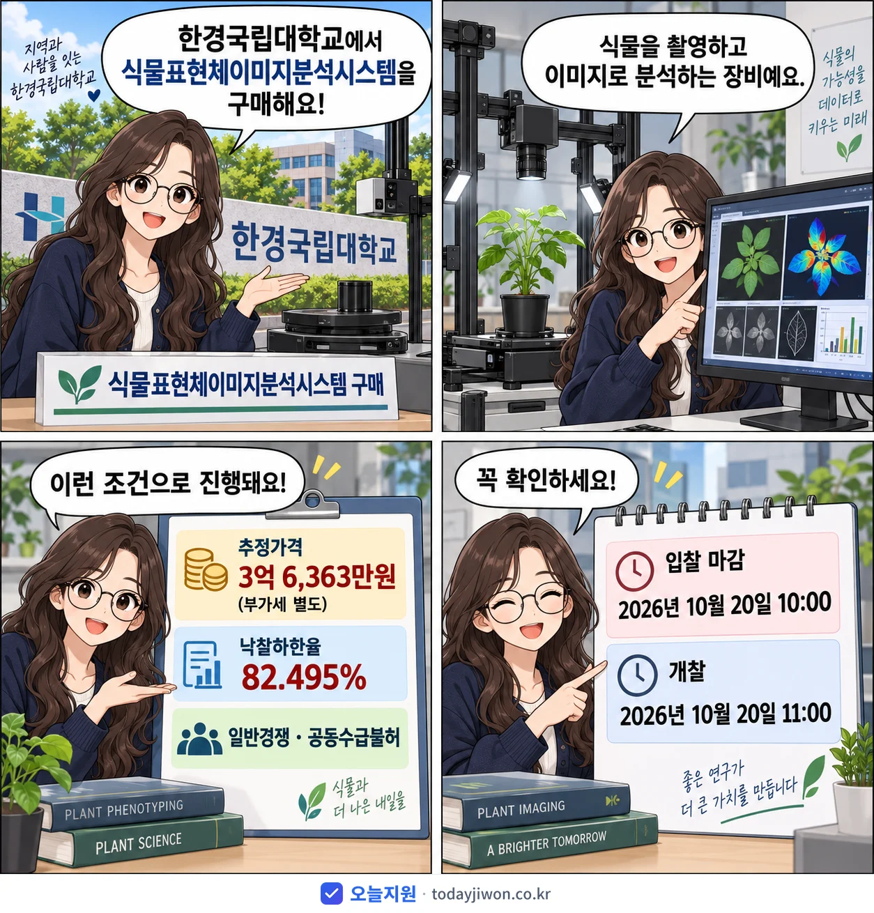 4컷 만화로 보는 공고: 한경국립대학교 '한경국립대학교 식물생명환경전공 식물표현체이미지분석시스템 구매', 추정가격 3억 6,363만원, 입찰 마감 10/20 10:00
