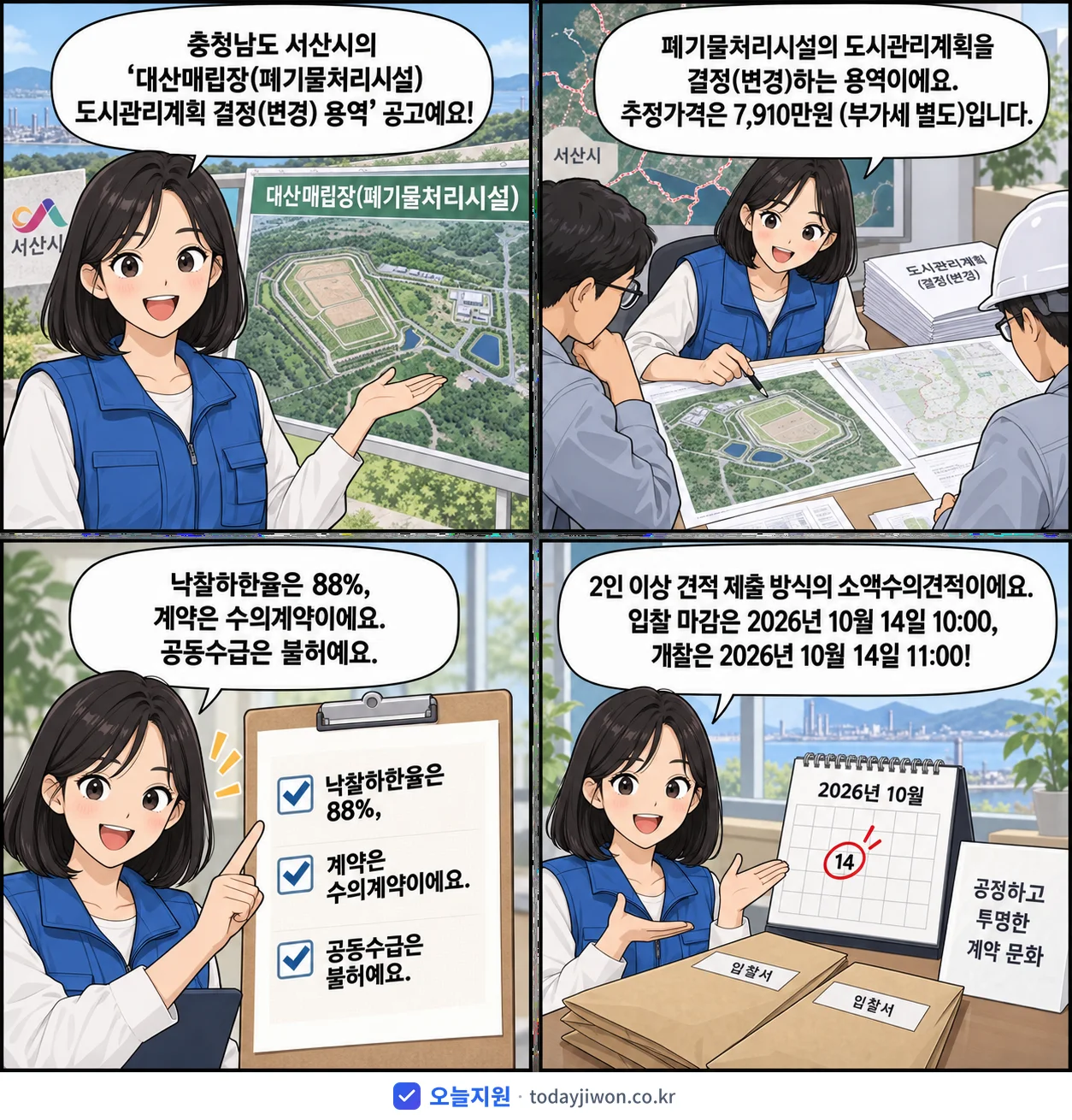 4컷 만화로 보는 공고: 충청남도 서산시 '대산매립장(폐기물처리시설) 도시관리계획 결정 용역', 추정가격 7,910만원, 입찰 마감 10/14 10:00