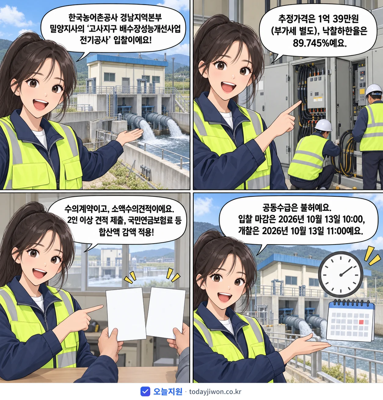 4컷 만화로 보는 공고: 한국농어촌공사 경남지역본부 밀양지사 '고사지구 배수장성능개선사업 전기공사', 추정가격 1억 39만원, 입찰 마감 10/13 10:00