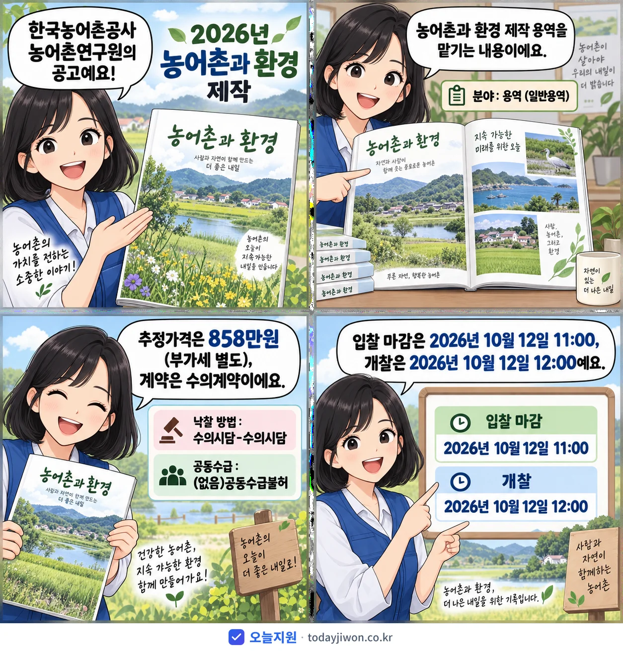 4컷 만화로 보는 공고: 한국농어촌공사 농어촌연구원 '농어촌과 환경 제작', 추정가격 858만원, 입찰 마감 10/12 11:00
