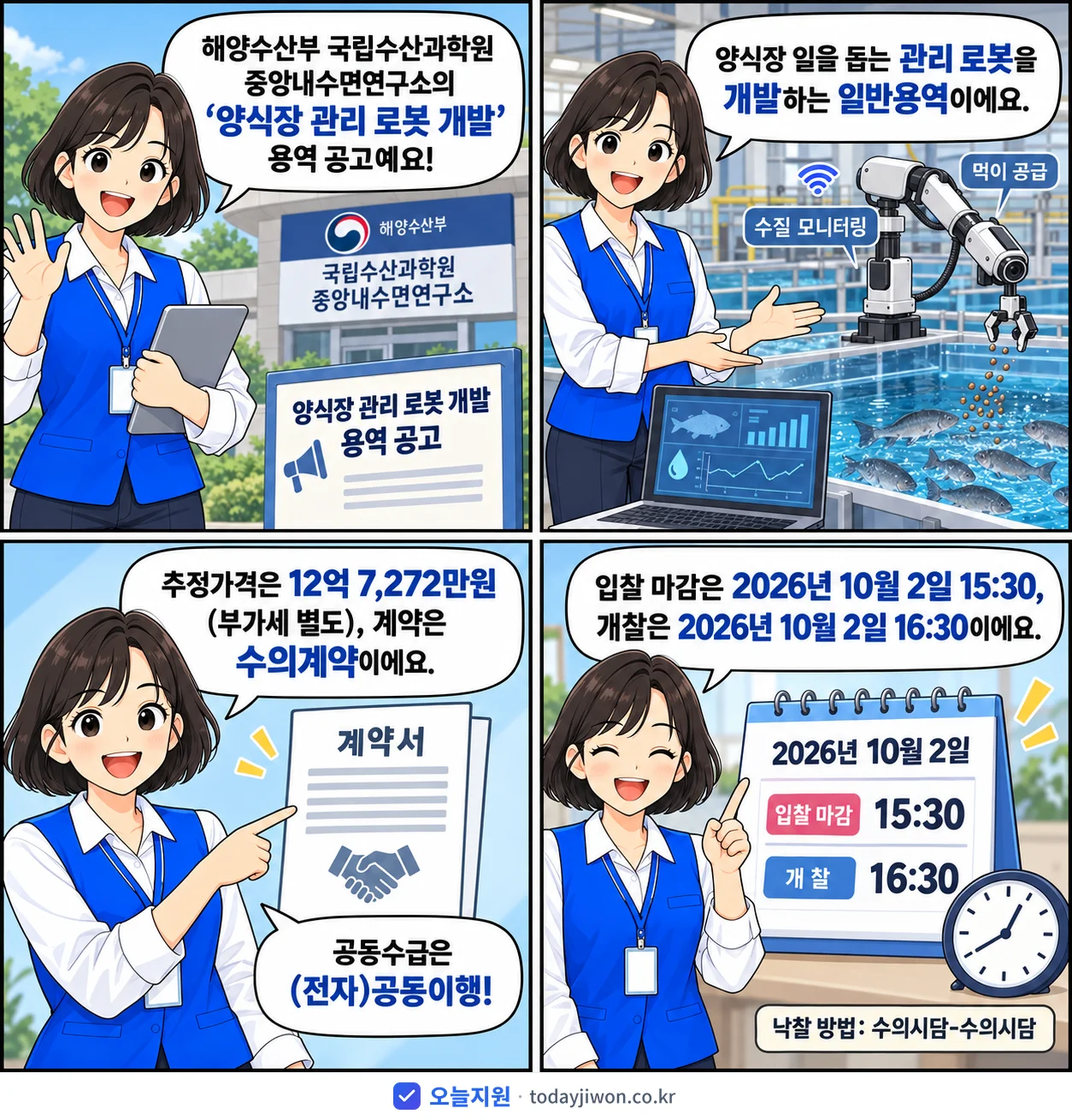 4컷 만화로 보는 공고: 해양수산부 국립수산과학원 중앙내수면연구소 '양식장 관리 로봇 개발', 추정가격 12억 7,272만원, 입찰 마감 10/2 15:30