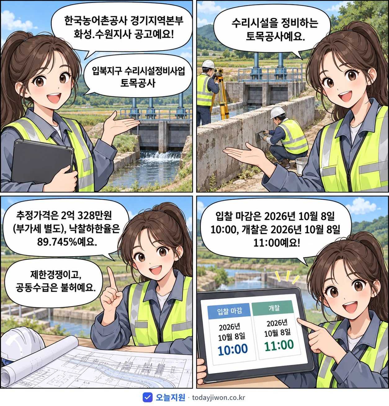 4컷 만화로 보는 공고: 한국농어촌공사 경기지역본부 화성.수원지사 '입북지구 수리시설정비사업 토목공사', 추정가격 2억 328만원, 입찰 마감 10/8 10:00