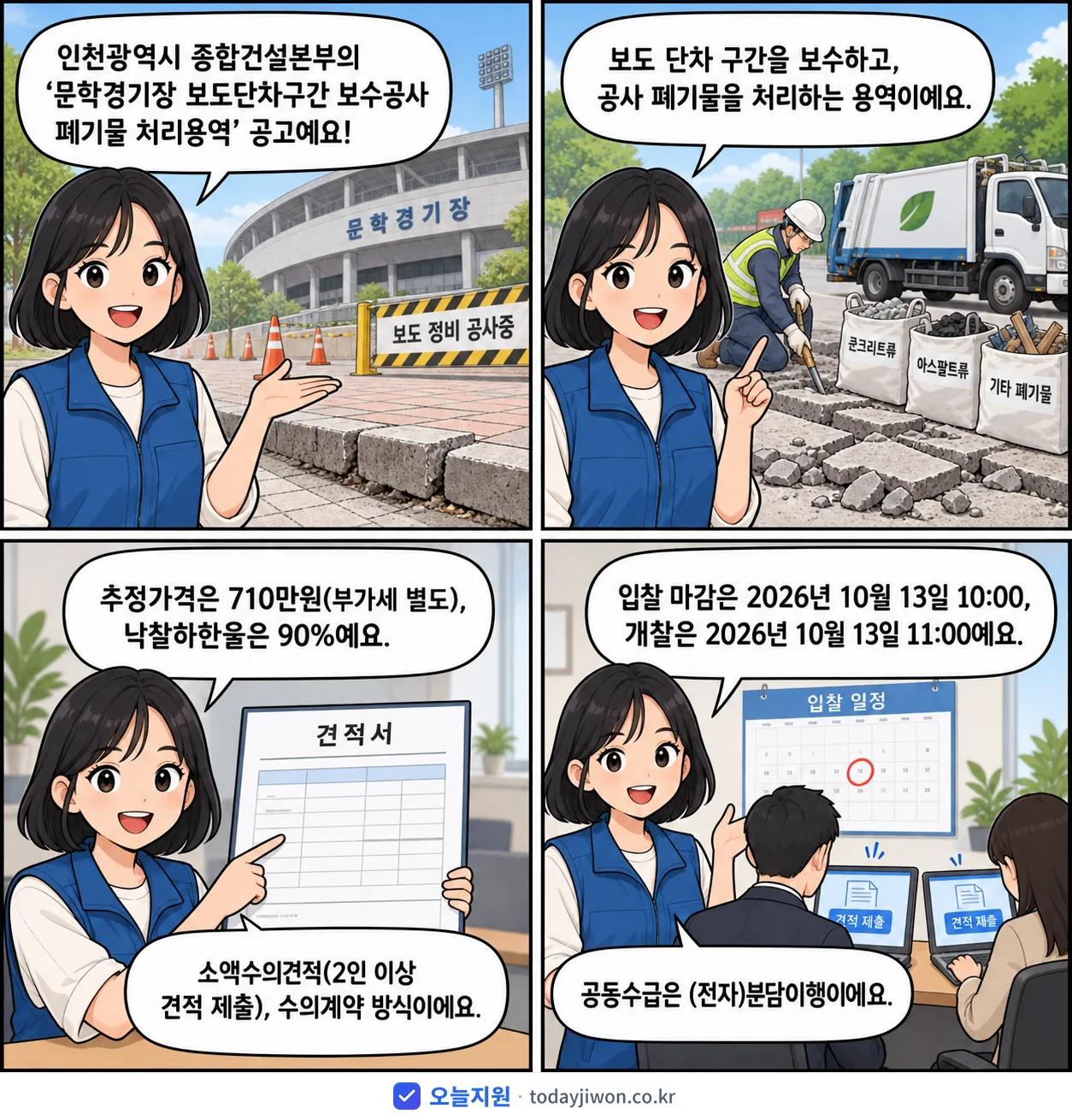 4컷 만화로 보는 공고: 인천광역시 종합건설본부 '문학경기장 보도단차구간 보수공사 폐기물 처리용역', 추정가격 710만원, 입찰 마감 10/13 10:00
