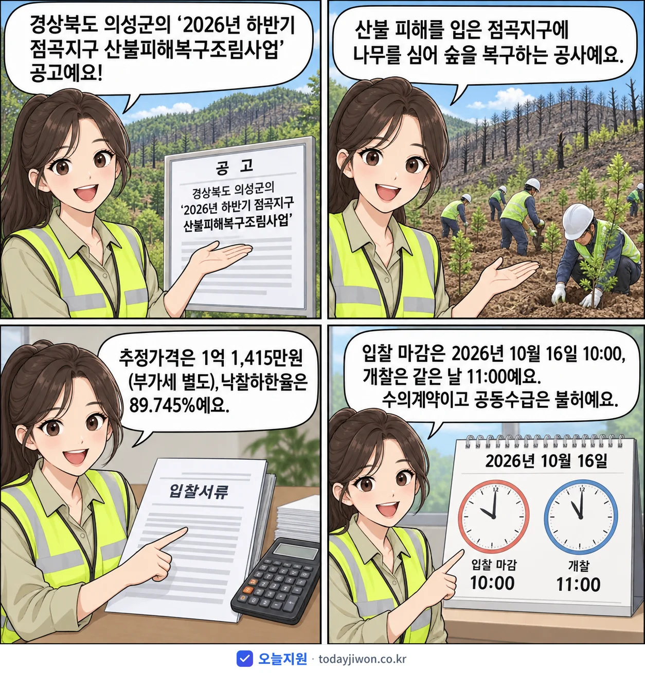 4컷 만화로 보는 공고: 경상북도 의성군 '하반기 점곡지구 산불피해복구조림사업', 추정가격 1억 1,415만원, 입찰 마감 10/16 10:00