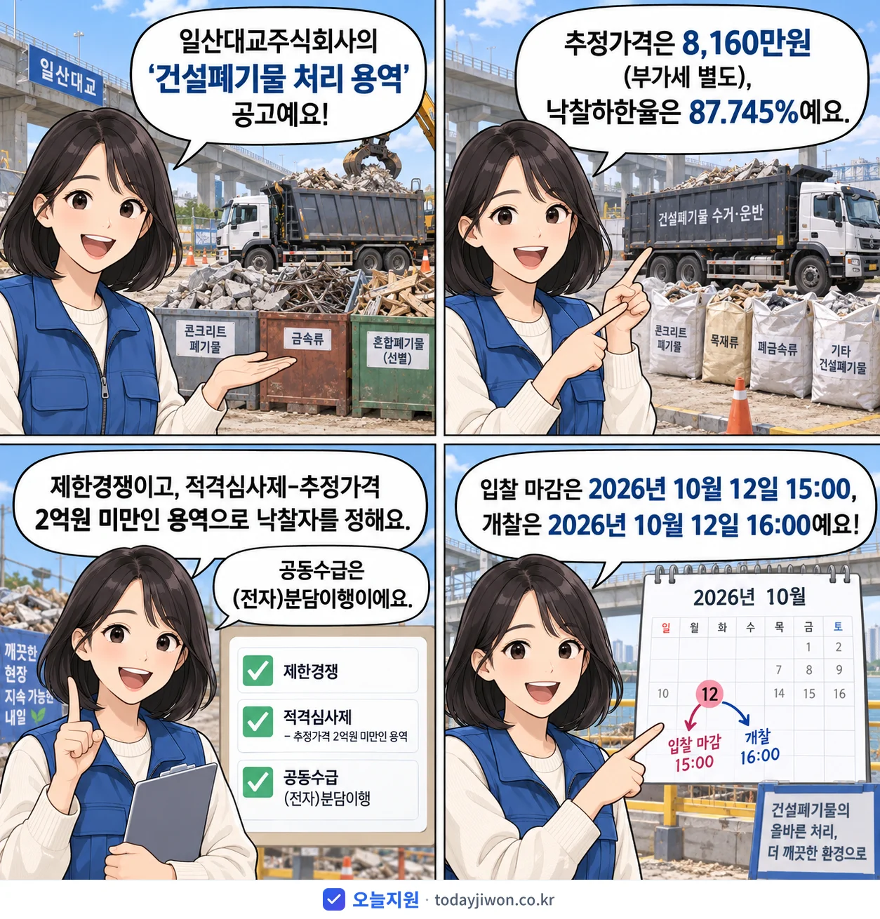 4컷 만화로 보는 공고: 일산대교주식회사 '건설폐기물 처리 용역', 추정가격 8,160만원, 입찰 마감 10/12 15:00