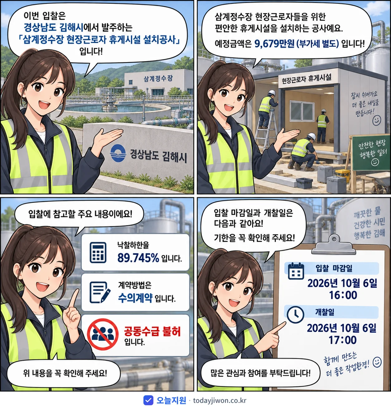 4컷 만화로 보는 공고: 경상남도 김해시 '삼계정수장 현장근로자 휴게시설 설치공사', 추정가격 9,679만원, 입찰 마감 10/6 16:00