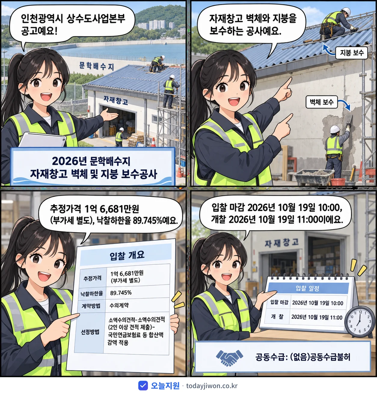 4컷 만화로 보는 공고: 인천광역시 상수도사업본부 '문학배수지 자재창고 벽체 및 지붕 보수공사', 추정가격 1억 6,681만원, 입찰 마감 10/19 10:00
