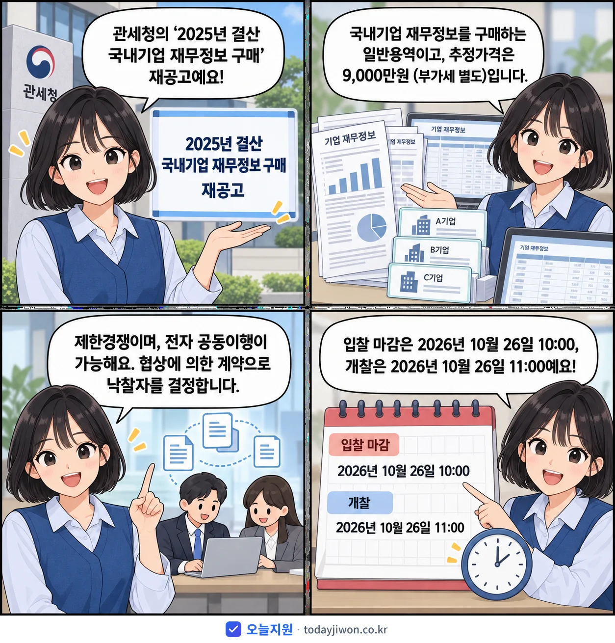 4컷 만화로 보는 공고: 관세청 '결산 국내기업 재무정보 구매', 추정가격 9,000만원, 입찰 마감 10/26 10:00