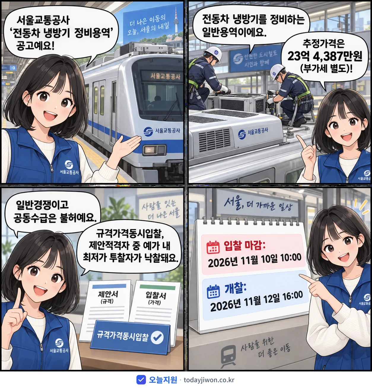 4컷 만화로 보는 공고: 서울교통공사 '전동차 냉방기 정비용역', 추정가격 23억 4,387만원, 입찰 마감 11/10 10:00