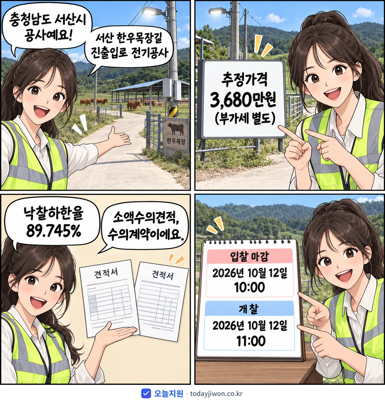 4컷 만화로 보는 공고: 충청남도 서산시 '서산 한우목장길 진출입로 전기공사', 추정가격 3,680만원, 입찰 마감 10/12 10:00