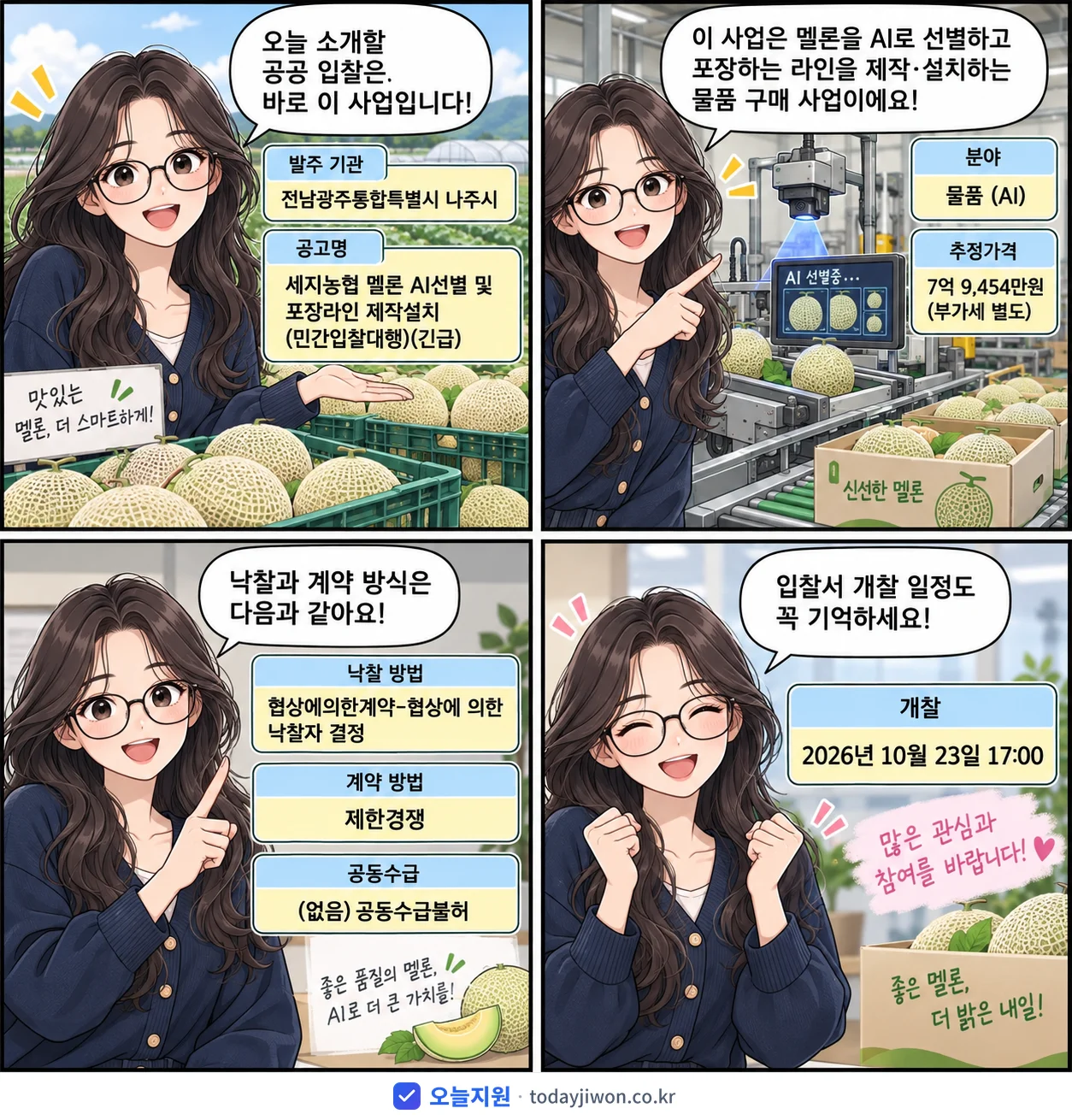 4컷 만화로 보는 공고: 전남광주통합특별시 나주시 '세지농협 멜론 AI선별 및 포장라인 제작설치(민간입찰대행)', 추정가격 7억 9,454만원