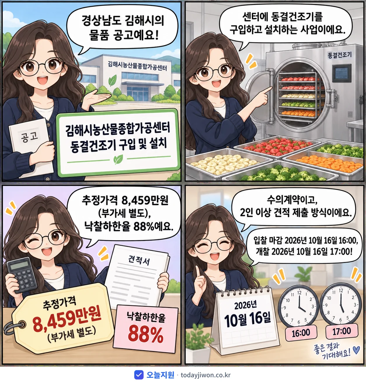 4컷 만화로 보는 공고: 경상남도 김해시 '김해시농산물종합가공센터 동결건조기 구입 및 설치', 추정가격 8,459만원, 입찰 마감 10/16 16:00