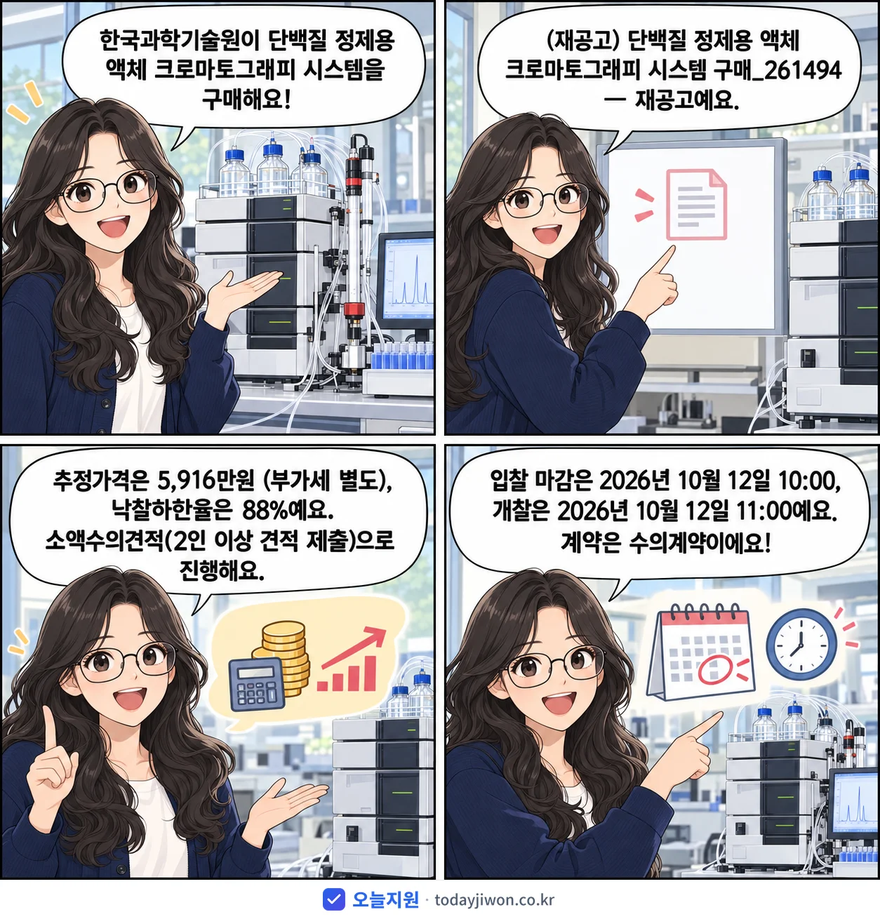 4컷 만화로 보는 공고: 한국과학기술원 '단백질 정제용 액체 크로마토그래피 시스템 구매_261494', 추정가격 5,916만원, 입찰 마감 10/12 10:00