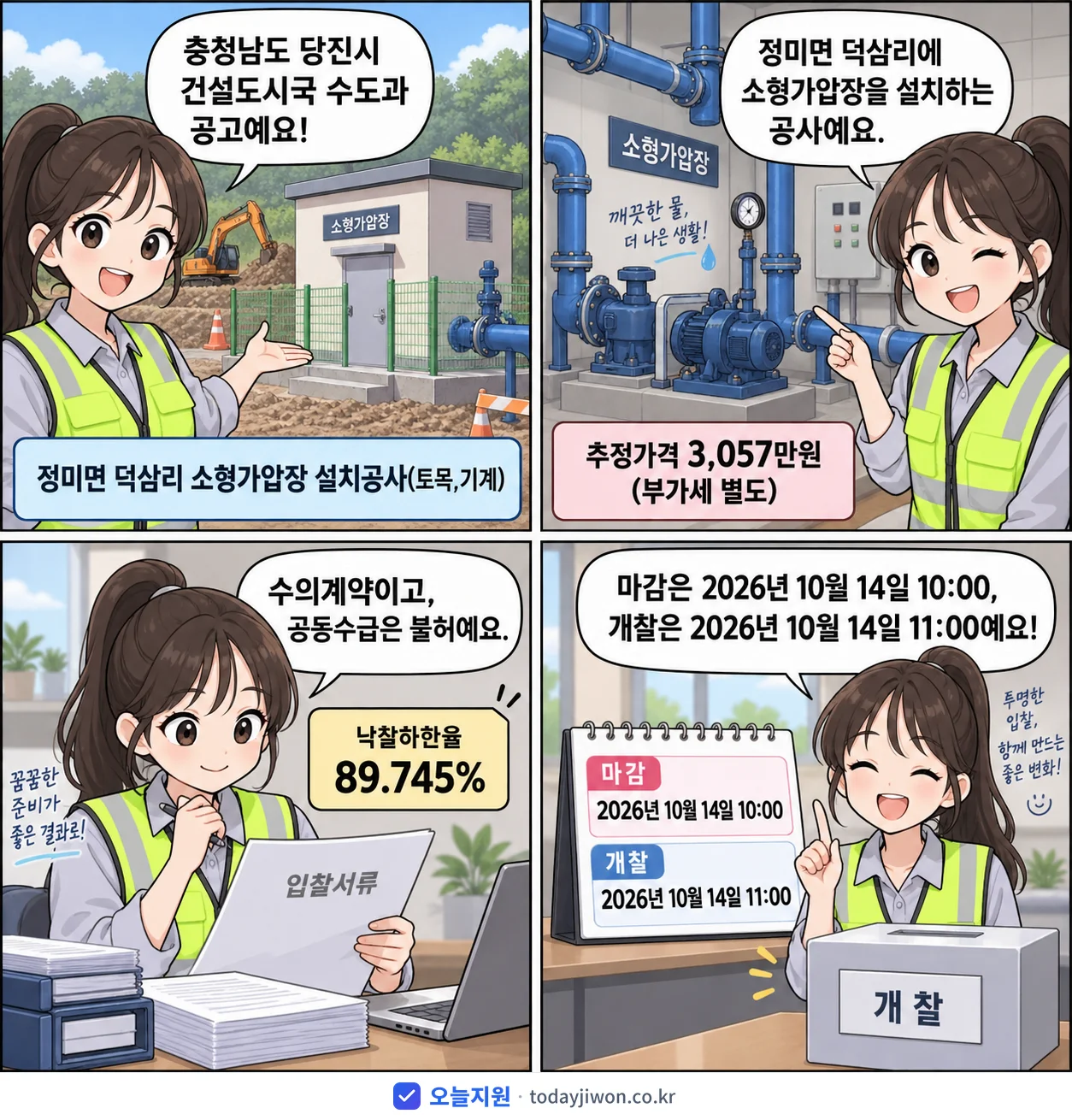 4컷 만화로 보는 공고: 충청남도 당진시 건설도시국 수도과 '정미면 덕삼리 소형가압장 설치공사(토목,기계)', 추정가격 3,057만원, 입찰 마감 10/14 10:00